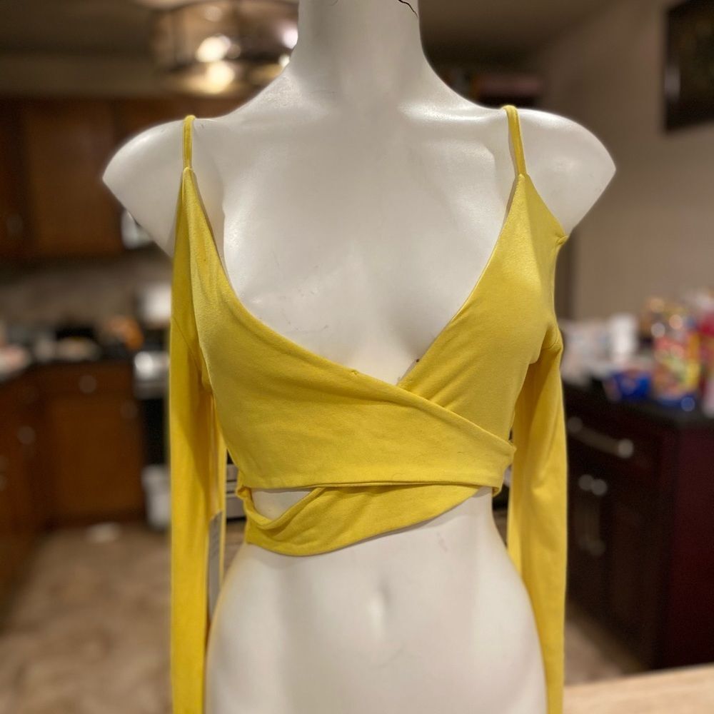 Yellow Wrap Crop Top Long Sleeve V-Neck Tie Front Small
